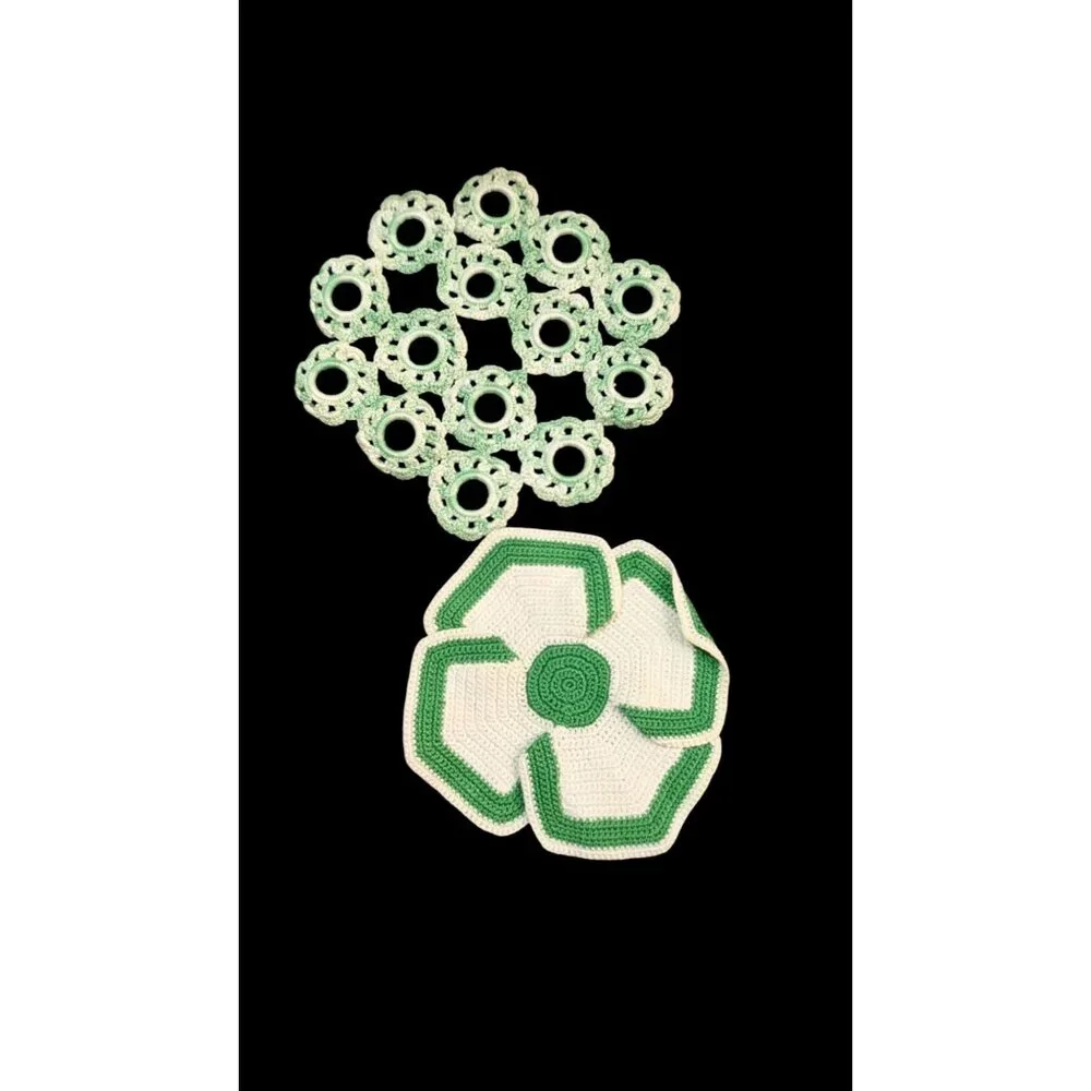Green & White Vintage Crochet Doilies Handmade Floral Set Of 2 Two Sizes Pre-Own